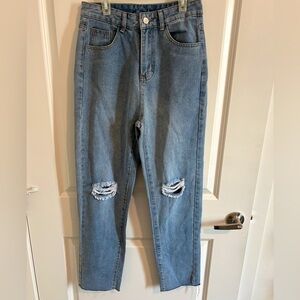 Oversized women distressed denim jeans, light blue high waisted ripped pants, S